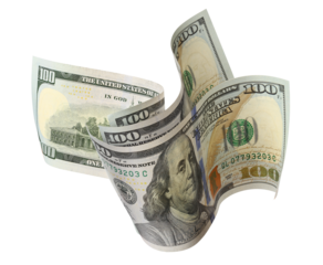 Flying hundred dollar bills, isolated on transparent cutout background