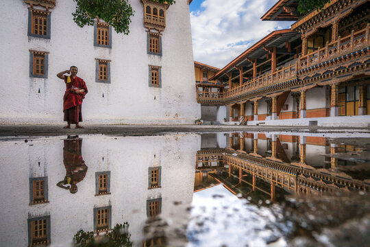 Punakha, Bhutan - 19 September 2025: View of a serene reflection in a puddle mirroring the intricate architecture of Punakha Dzong, where a lone monk stands in vibrant contrast to the weathered walls.