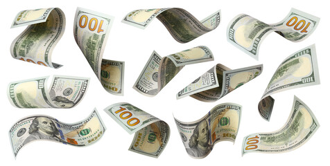 Fototapeta premium Set of flying 100 dollars banknotes, isolated on transparent cutout background