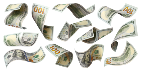 Set of flying 100 dollars banknotes, isolated on transparent cutout background