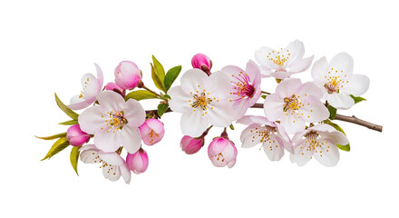 A branch of cherry blossoms with pink and white flowers against a white background.