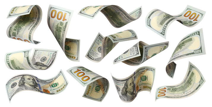 Set of flying 100 dollars banknotes, isolated on transparent cutout background