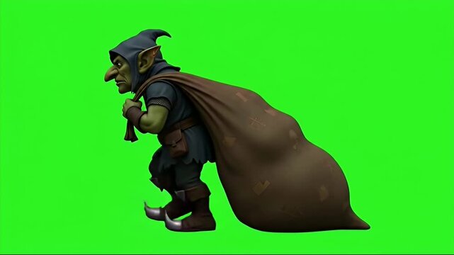 Animated goblin thief walking with a sack on a green screen background