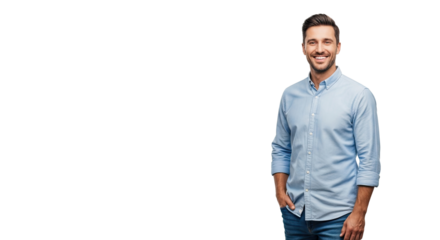 A man in a blue shirt and jeans standing against a white background.