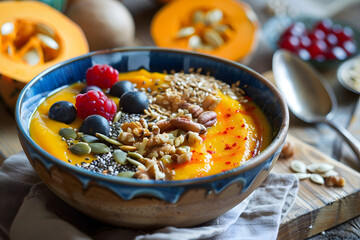 Healthy autumn smoothie bowl made with pumpkin, decorated with berries, seeds, and nuts, styled in a bright kitchen environment, cozy and nutritious vibe