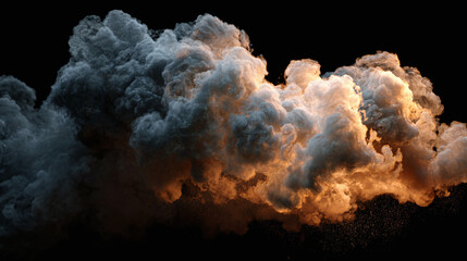 Dramatic and dynamic view of a cloud of smoke illuminated by a golden glow against a dark backdrop. The smoke is dense and billowing, with a beautiful textural quality.