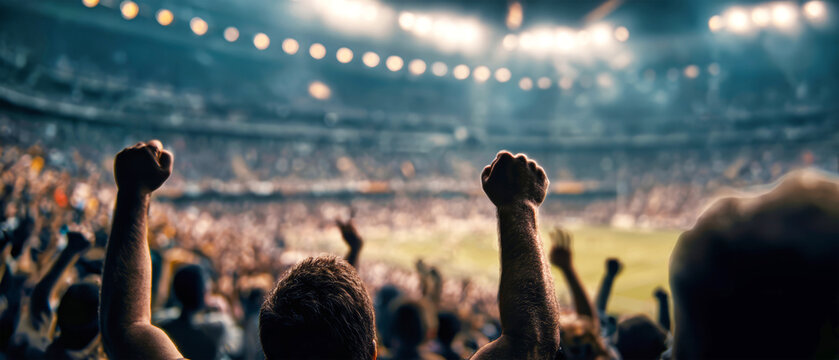 Crowd of football fans raises their arms and cheers loudly in a packed stadium filled with excitement during a live match under bright stadium lights