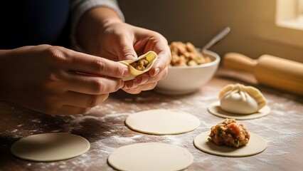 Hands carefully folding dough around a savory filling to make homemade dumplings on a rustic wooden table.