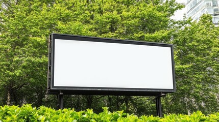 Vibrant Outdoor Billboard Advertising Surrounded by Lush Greenery and Blooming Flowers in Springtime