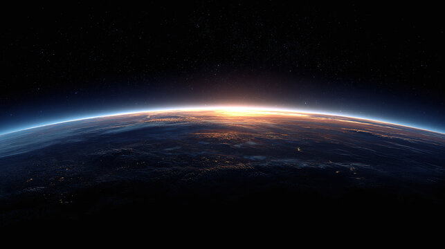 A stunning view of Earth from space, with the sun rising over the horizon, illuminating the atmosphere. The curvature of the planet is clearly visible, with a vast expanse of darkness surrounding it