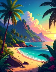 Tropical beach paradise at sunset