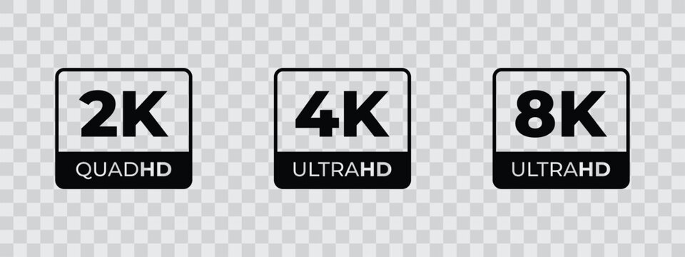 Video screen display resolution 2k, 4k and 8k ultra hd label.
