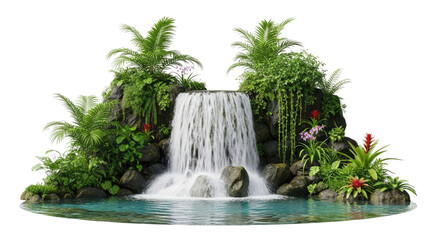A serene tropical waterfall surrounded by lush greenery and vibrant flowers, with a tranquil pool below.