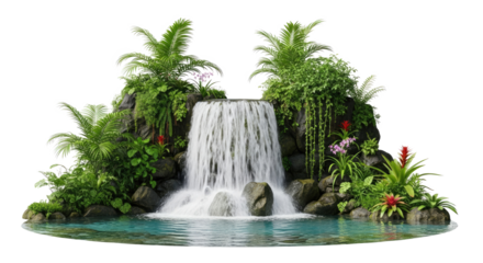 A serene tropical waterfall surrounded by lush greenery and vibrant flowers, with a tranquil pool below.