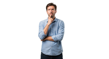 A man in a blue shirt, standing against a white background, with his hand on his chin, looking thoughtful.