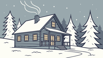 Fototapeta premium Winter Cabin in Serenity: A cozy wooden cabin nestled within a snowy winter landscape, offering a sense of warmth and peace amidst the cold season.