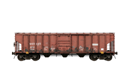 A rusty, old train car with rusted metal and a red color scheme, isolated on a white background.