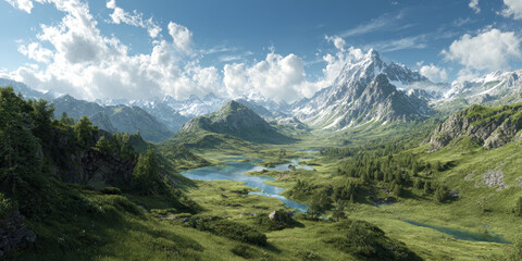 View of the majestic alps with snow-capped peaks, lush green valleys, winding rivers, dense forests, rocky slopes, vibrant grasslands, and dramatic clouds in a clear sky