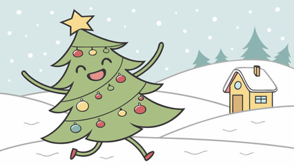 Naklejka premium Dancing Christmas Joy: An animated Christmas tree spreads cheer in a snowy winter wonderland, full of joy and the festive spirit, it's a perfect scene for holiday cards or winter-themed projects.