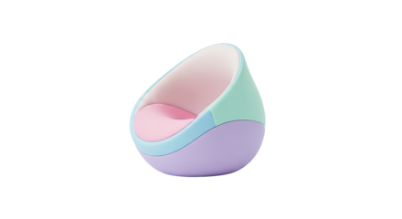 A pastel-colored, curved, modern chair with a pastel-colored cushion.