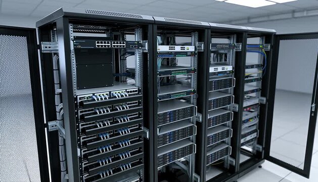 Server rack setup network infrastructure technology data center equipment with cables and switches.