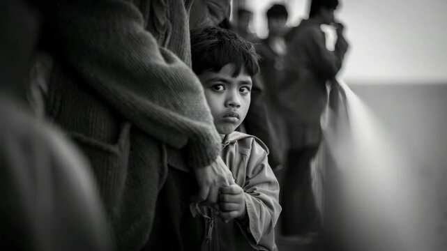 Refugee child holding parent's hand on crowded ship, black and white photo capturing emotional migration, forced displacement, fear and hope, maritime escape from war zone during humanitarian crisis