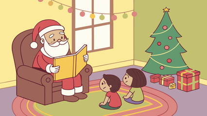 Obraz premium Santa's Storytime: A festive illustration of Santa Claus seated in a cozy chair, reading a story to two captivated children. A Christmas tree, lights.