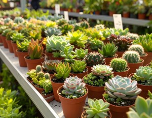 Succulents in various pots on a shelf