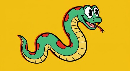 Fototapeta premium Cartoon Snake with Red Spots on Yellow Background.