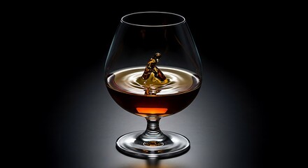 Elegant Brandy Glass with a Splash in Dark Setting.