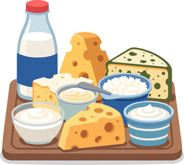 Create a kinds of deferent realistic healthy assortment of fresh dairy products like milk, various cheeses, and creamy yogurt is presented on a wooden board .vector art with white background.