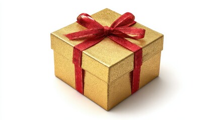 Obraz premium Elegant gold gift box with a textured surface, adorned with a plush red satin ribbon and bow, on a clean light background