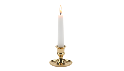 Elegant Lit White Candle in Gold Candlestick Holder - Warm Ambiance & Decorative Glow Accent on white background, Isolated on Transparent Background