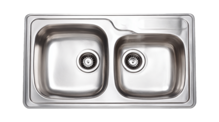 Stainless steel double kitchen sink featuring two identical wash basins and drains, providing essential plumbing for modern kitchen design and domestic utility, isolated