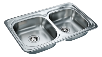 Modern stainless steel double bowl kitchen sink with two integrated drains, glossy reflective finish and clean lines, isolated on transparent background for installation use