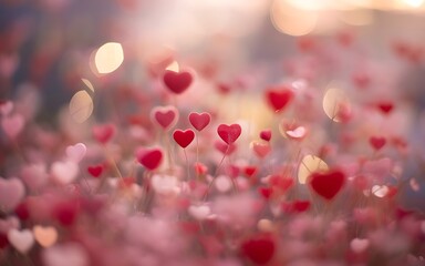 Romantic abstract background with blurred red hearts and soft lighting