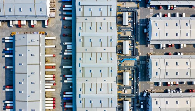 Industrial logistics hub aerial view with cargo trucks parked and warehouse bays for shipping and receiving.