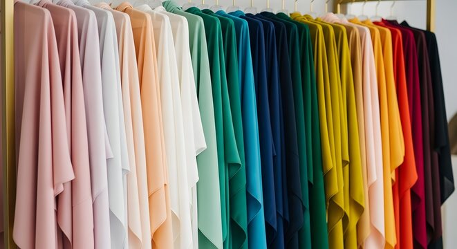 A vibrant colorful hijab display showcasing a wide range of elegant headscarves for World Hijab Day concept