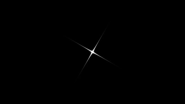 Sparkling single star twinkle glitter white cartoon doodle animation, flat vector blinking shining light twinkling effect glowing on transparent black screen background, starry sky festive overlay. 4K