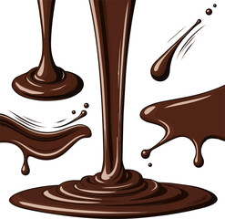 Create a kinds of deferent realistic Rich dark chocolate sauce pours and pools, creating a delicious texture image is perfectly culinary designs.. vector art with white background.