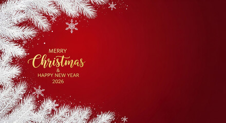 Festive image with white branch and snowflake border, gold text "Merry Christmas & Happy New Year 2026" on red background, representing holiday greeting