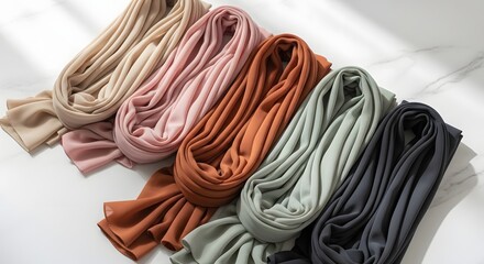 A diverse hijab color palette of soft flowing fabrics, elegantly displayed on marble for World Hijab Day fashion concept