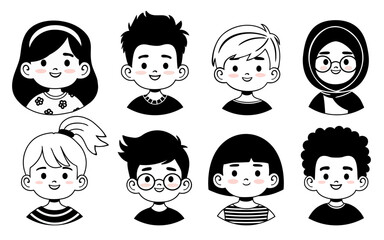 Friendly diverse kid avatars in a clean black and white style. Perfect for educational materials, apps, classroom projects, branding, social profiles and child focused creative designs.