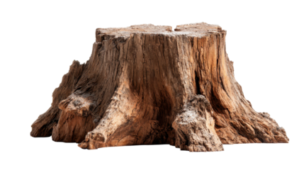 Old weathered tree stump displaying textured bark and exposed roots, providing a natural element for rustic designs, nature concepts, or forestry themes on transparent background