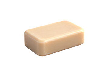A rectangular bar of light brown soap for personal cleaning