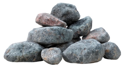 Stacked natural gray stones and reddish boulders forming a mound, creating a rocky texture element with an alpha channel background for easy compositing