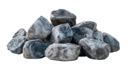 Gray stones creating a stacked pile on a transparent background, depicting concepts of geology, nature, durable construction, and raw material strength