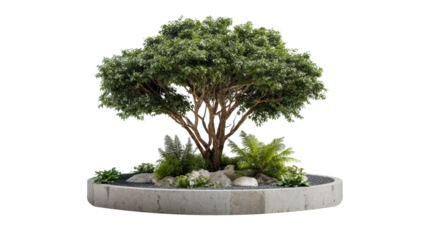 Vibrant green tree in a modern concrete planter with smooth pebbles, rocks, ferns and small foliage on transparent background, minimalist urban garden element