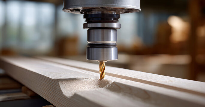 Close-up of CNC milling machine drilling precise groove into wooden plank in woodworking workshop with blurred background - Powered by Adobe
