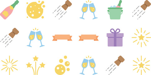 Collection of festive celebration icons including champagne bottles glasses fireworks gift boxes and confetti for parties and holidays